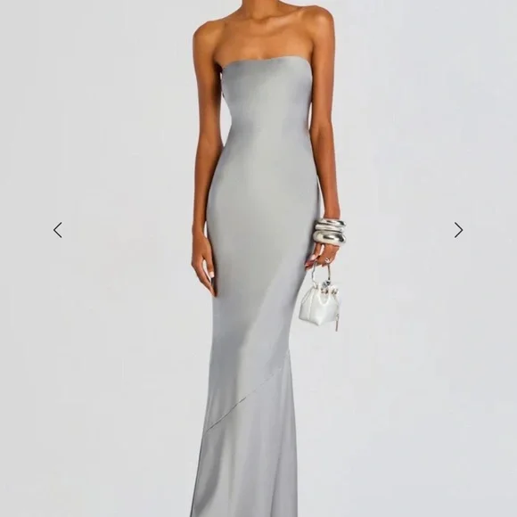 Retrofete Silver Strapless Satin Column Gown - Picture 2 of 5